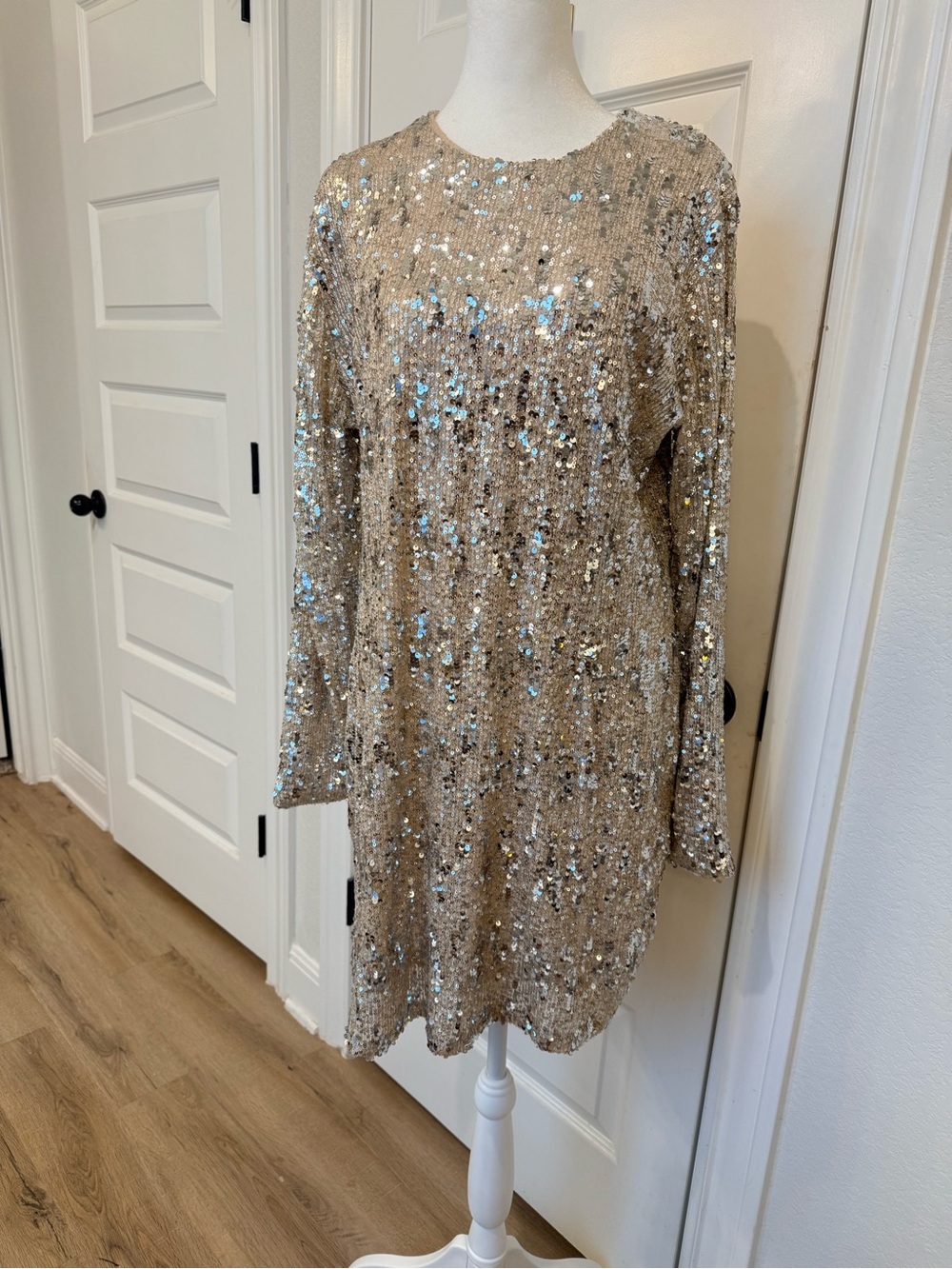 Mango- Sequin Long Sleeve Shift Dress in Champagne